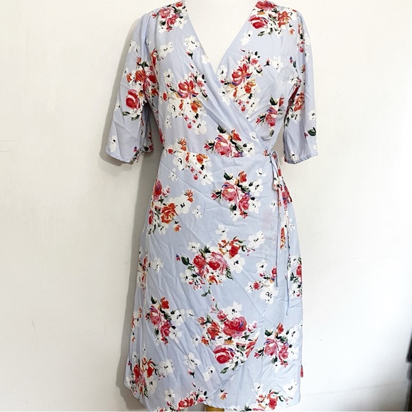 Eclair Blue Floral Short Split Sleeve Lined Skirt Flowy Wrap Midi Dress L - Picture 1 of 9